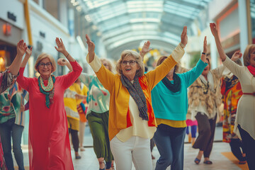 A group of senior women organizing a flash mob in a shopping center, showcasing fashionable outfits