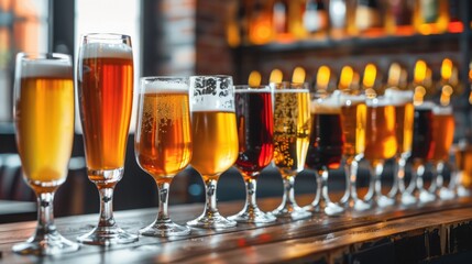 Assorted Beers in Row of Glasses