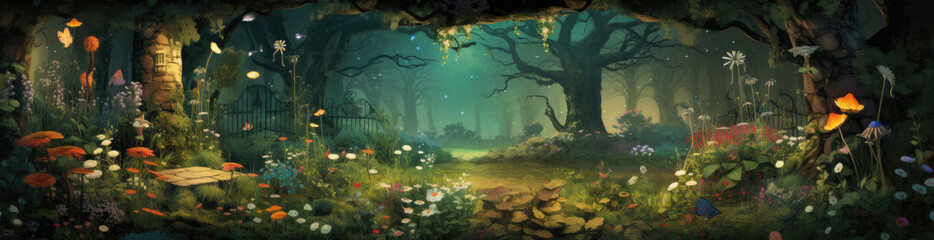 Fototapeta na wymiar misty forest digital banner background