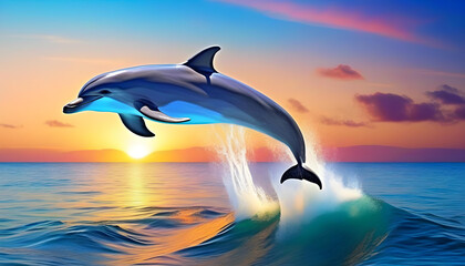 A graphic illustration of a dolphin swimming in the sea with a sunset in the background