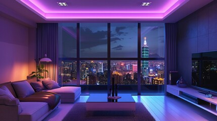 Modern interior design of living room, Taiwan, Taipei city skyline, purple and blue high contras - obrazy, fototapety, plakaty