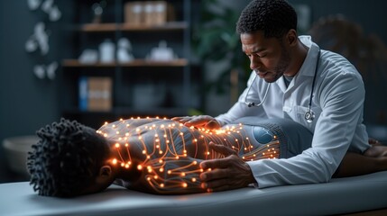 man physiotherapist performing a back massage on a patient lying on a massage table face down. Visible neural pathways connecting them symbolize their nervous systems interacting, highlighting the the - obrazy, fototapety, plakaty