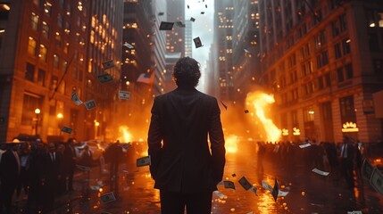 Fototapeta premium businessman standing in the middle of crowd on wall street, dollar notes are falling from the sky, winning lottery