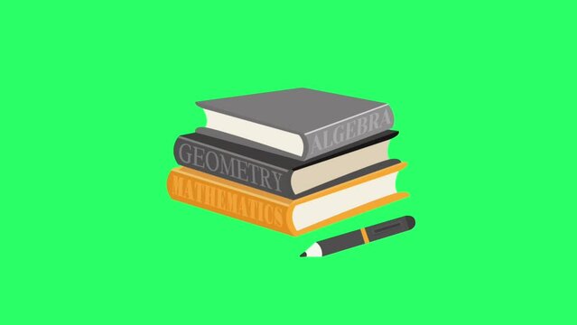 Animation stack of books and pencils on green background.