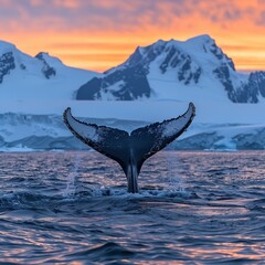 The tail fluke of a humpback whale emerges from the waters of Antarctica as the sun sets.