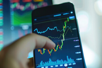 A trader or a financial analyst holding phone and looking at finance market graph. Stock market trading, virtual cryptocurrency and investment concept. - 766403290