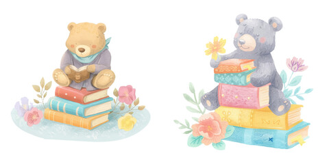 cute bear with color books watercolour vector illustration