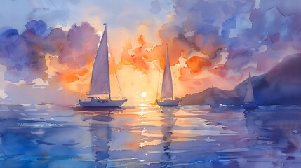 Sailboats at sunset, illustration in watercolors, reflecting serene oranges and purples on water 