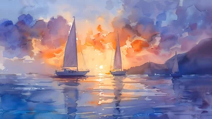 Foto op Canvas Sailboats at sunset, illustration in watercolors, reflecting serene oranges and purples on water  © Ruksanaporn