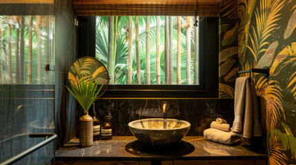 A tropical bathroom with palm leaf wallpaper, bamboo accents, and a stone vessel sink