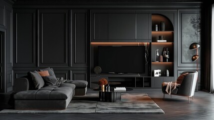 Dark luxury modern interior design of the living room with black wooden paneling, TV and sofa in dark gray color