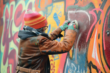 An elderly person learning graffiti, creating street art in their city's park