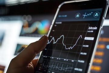 A trader or a financial analyst holding phone and looking at finance market graph. Stock market trading, virtual cryptocurrency and investment concept.