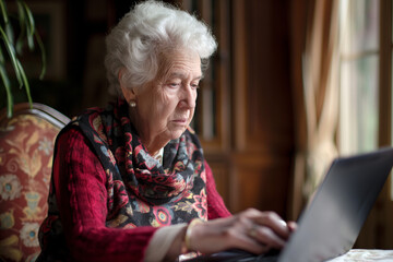 An elderly woman creating a blog about life after 60, advising on style and activity