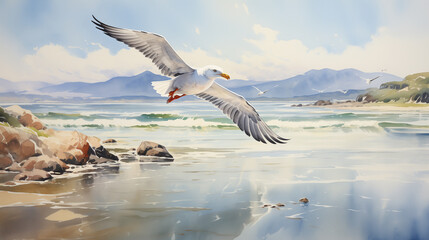 Fototapeta premium Watercolor illustration of a seagull in flight with expansive wings over a serene coastal landscape, reflecting the essence of freedom.
