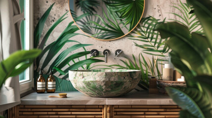 A tropical bathroom with palm leaf wallpaper, bamboo accents, and a stone vessel sink