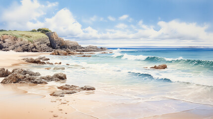 Watercolor illustration of tranquil beach scene with gentle waves washing ashore, framed by rugged cliffs and a clear blue sky.