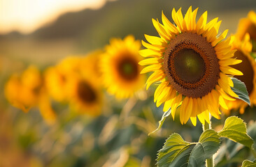 Sunflowers blurred on left to sharp focus on right - copy space - Generative AI