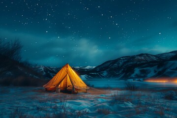 Glowing Tent in a Snowy Landscape Under the Night Sky