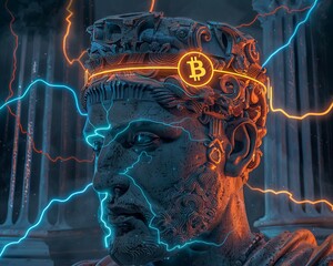 The Roman emperor, with orange and blue neon bitcoin lightning on his head, in an illustration , with ultra realistic photography