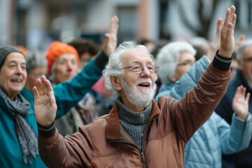 Elderly people participate in a flash mob organized on social networks - obrazy, fototapety, plakaty