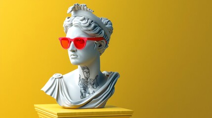 3D printed portrait of a Greek statue wearing red sunglasses and neck tattoos, on a yellow background - obrazy, fototapety, plakaty
