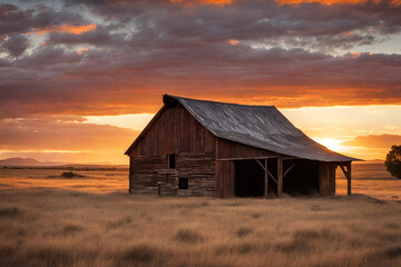 Rural wooden barn with an open window framing a surreal southwest sunset in the distance - obrazy, fototapety, plakaty