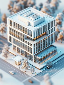 3D visualization style, Government office building C4D model, isometric, macro, macro lens, architectural, white and blue, precise, minimalist style, data visualization
