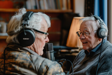 Pensioners creating their own podcast about life after retirement, discussing relevant topics