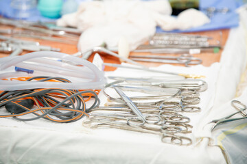 Medical instruments in the surgical operating room before surgery. High quality photo