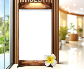  Wooden Menu Stand in Bright Spa Lobby,Sunlit spa entrance with a wooden menu stand adorned with frangipani flowers, reflecting a welcoming atmosphere... - 766405629