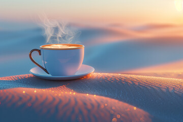Steaming Cup of Espresso on Desert Sands at Sunrise, Serene Morning - obrazy, fototapety, plakaty