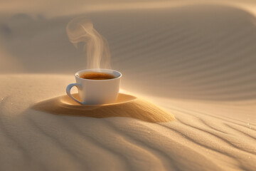 Sunrise Serenity with a Steaming Espresso, Peaceful Desert Morning - obrazy, fototapety, plakaty