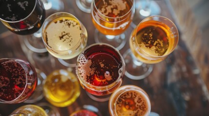 Assorted Beer Glasses on a Wooden Table at a Tasting Event - obrazy, fototapety, plakaty
