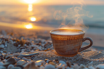 Sunrise Coffee on the Beach, Aromatic Morning Brew with Ocean View - obrazy, fototapety, plakaty