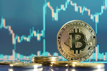 Bitcoin and defocused chart background. Virtual cryptocurrency concept