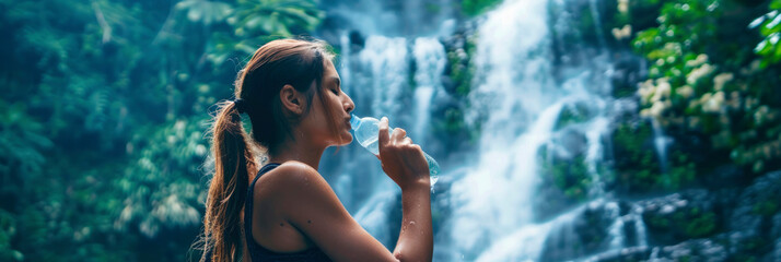 girl with a bottle of water against the backdrop of a waterfall, a backpack on her shoulders, quenching thirst, for a banner - obrazy, fototapety, plakaty