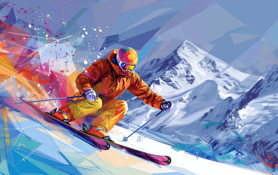 Illustration of people skiing on the mountain,created with Generative AI tecnology.