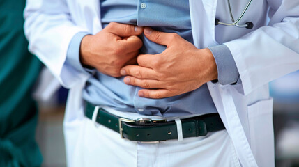 abdominal pain, hands holding the stomach area, close-up, doctor in a white coat