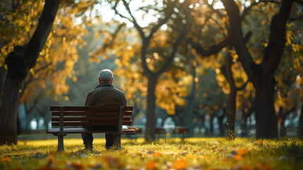 Elderly person sitting on a park bench amidst autumn foliage, symbolizing peaceful solitude and the concept of aging