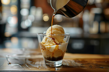 affogato dessert with rich espresso drizzle on vanilla ice cream