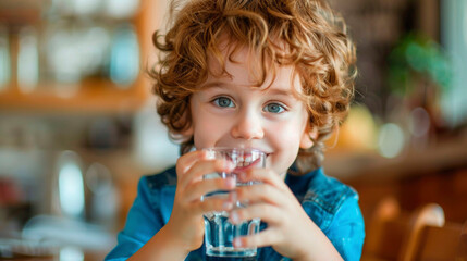 little happy boy holding a glass of water in his hands, drinking to quench his thirst - obrazy, fototapety, plakaty