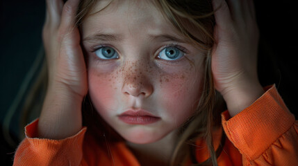 close-up, an angry girl looks with her eyes from under her forehead, holds her head with her hands, covers her ears, is scared