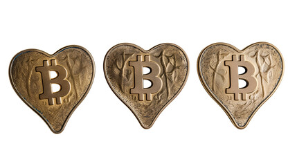 Several heart-shaped bitcoins isolated on a white background