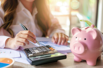 Women calculate expenses with calculator and piggy bank. Tax time, finance, investment and savings...