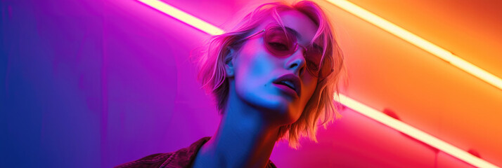 close-up, profile of a blonde girl, short hair, model with glasses, neon lighting, trendy light,empty space for text, for a banner