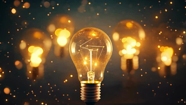 Great innovation and inspiration, creativity with light bulbs that shine glitter on table, new ideas with innovative technology and creativity, business, education, technology.