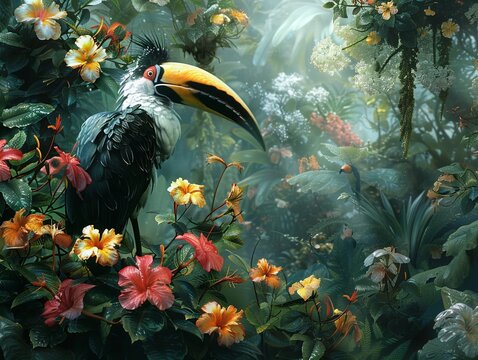 Transport viewers to an otherworldly realm where exotic flora and fauna coexist in a delicate balance, challenging preconceived notions of biology Illustrate the interplay of light and shadow, c