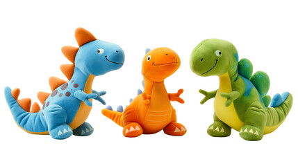 Several plush dinosaurs isolated on a white background