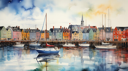 Watercolor artwork showcases sailboats on calm waters amidst vibrant town with quaint architecture. - obrazy, fototapety, plakaty